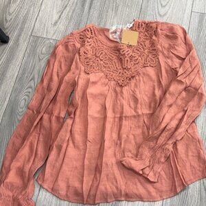 Blu Pepper womens long sleeve top with embroidered neckline SZ S